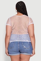 Womens Plus Size Blessed Rhinestone Fishnet Top with Crew Neck, White, Size 3X