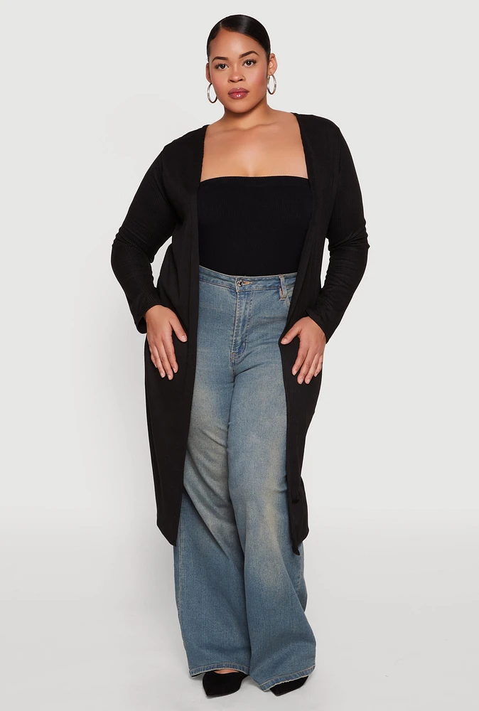 Womens Plus Ribbed Soft Knit Open Front Duster,