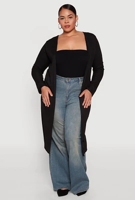 Womens Plus Ribbed Soft Knit Open Front Duster,