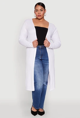 Womens Plus Ribbed Soft Knit Open Front Duster, White,