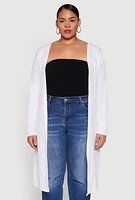 Womens Plus Ribbed Soft Knit Open Front Duster, White,