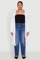 Womens Plus Ribbed Soft Knit Open Front Duster, White,