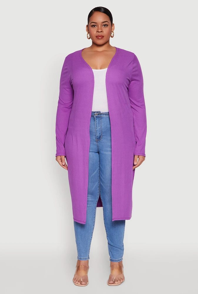 Womens Plus Size Ribbed Soft Knit Open Front Duster, Purple, Size 1X