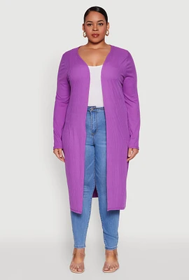 Womens Plus Size Ribbed Soft Knit Open Front Duster, Purple, Size 2X