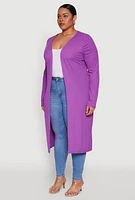 Womens Plus Size Ribbed Soft Knit Open Front Duster, Purple, Size 1X