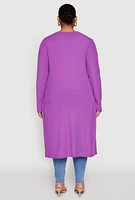 Womens Plus Size Ribbed Soft Knit Open Front Duster, Purple, Size 1X