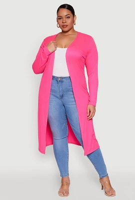 Womens Plus Ribbed Soft Knit Open Front Duster, Pink,