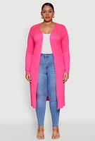 Womens Plus Ribbed Soft Knit Open Front Duster, Pink,