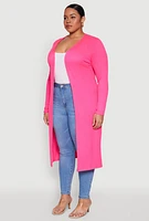 Womens Plus Ribbed Soft Knit Open Front Duster, Pink,