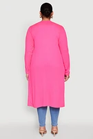 Womens Plus Ribbed Soft Knit Open Front Duster, Pink,