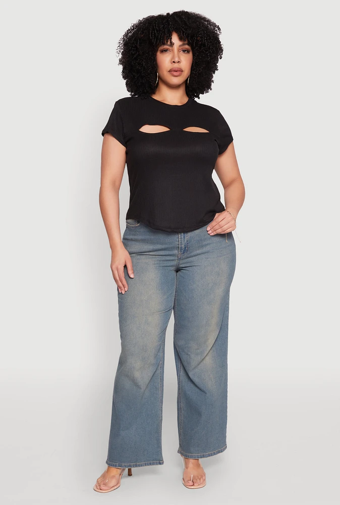 Womens Plus Cut Out Rib Knit Top,