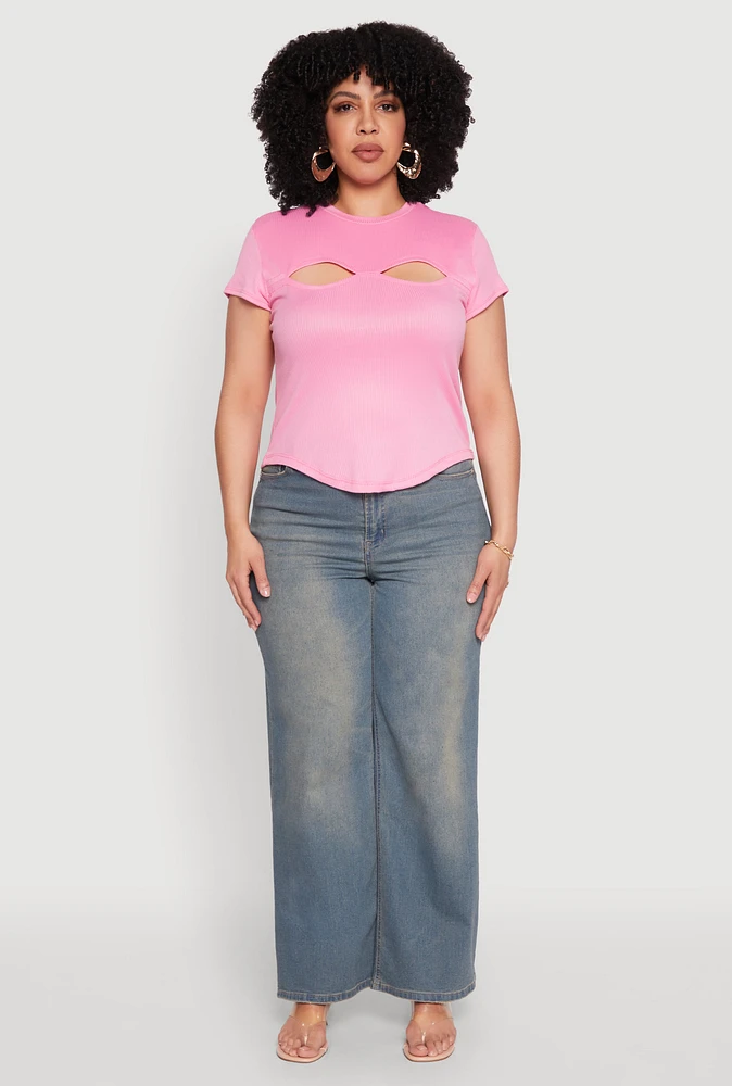 Womens Plus Size Cut Out Rib Knit Top, Pink, Size 3X