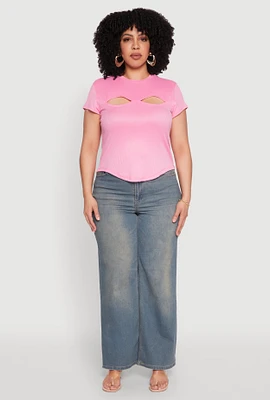 Womens Plus Size Cut Out Rib Knit Top, Pink, Size 3X