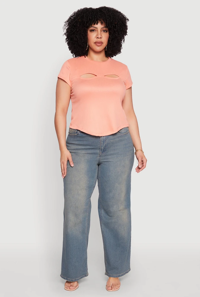 Womens Plus Size Cut Out Rib Knit Top, Orange, Size 1X