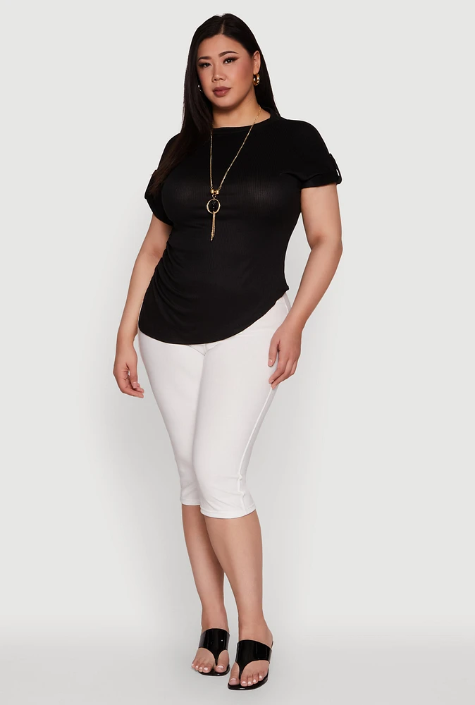 Womens Plus Stylish Ribbed Knit Top with Asymmetrical Design and Necklace,