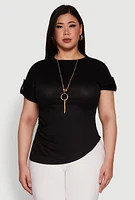 Womens Plus Stylish Ribbed Knit Top with Asymmetrical Design and Necklace,