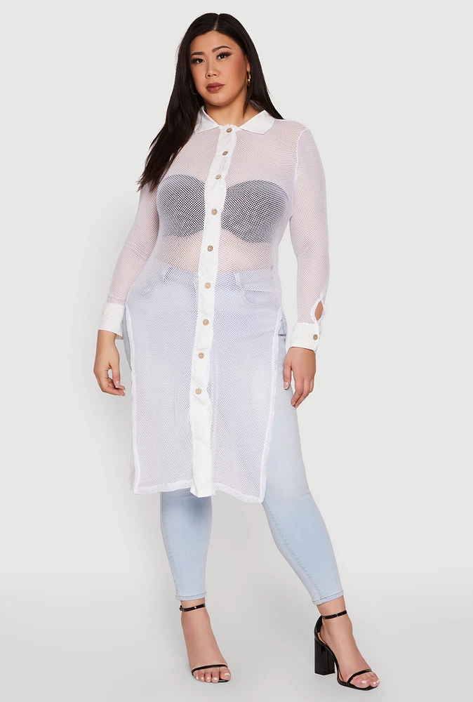 Womens Plus Size Fishnet Side Slit Maxi Top, White, Size 3X