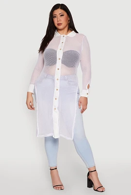 Womens Plus Size Fishnet Side Slit Maxi Top, White, Size 3X