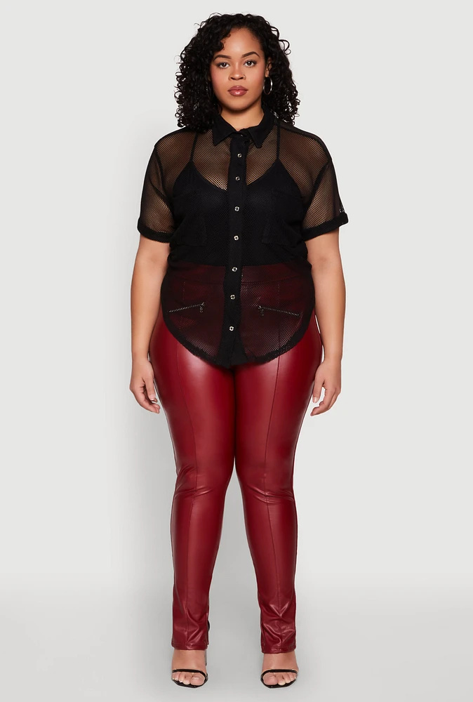 Womens Plus Size Fishnet Short Sleeve Button Front Shirt, Black, Size 2X