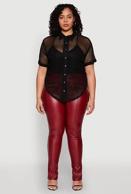 Womens Plus Size Fishnet Short Sleeve Button Front Shirt, Black, Size 2X