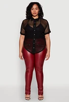 Womens Plus Size Fishnet Short Sleeve Button Front Shirt, Black, Size 2X