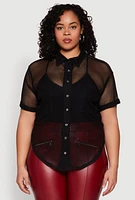 Womens Plus Size Fishnet Short Sleeve Button Front Shirt, Black, Size 2X