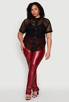 Womens Plus Size Fishnet Short Sleeve Button Front Shirt, Black, Size 2X