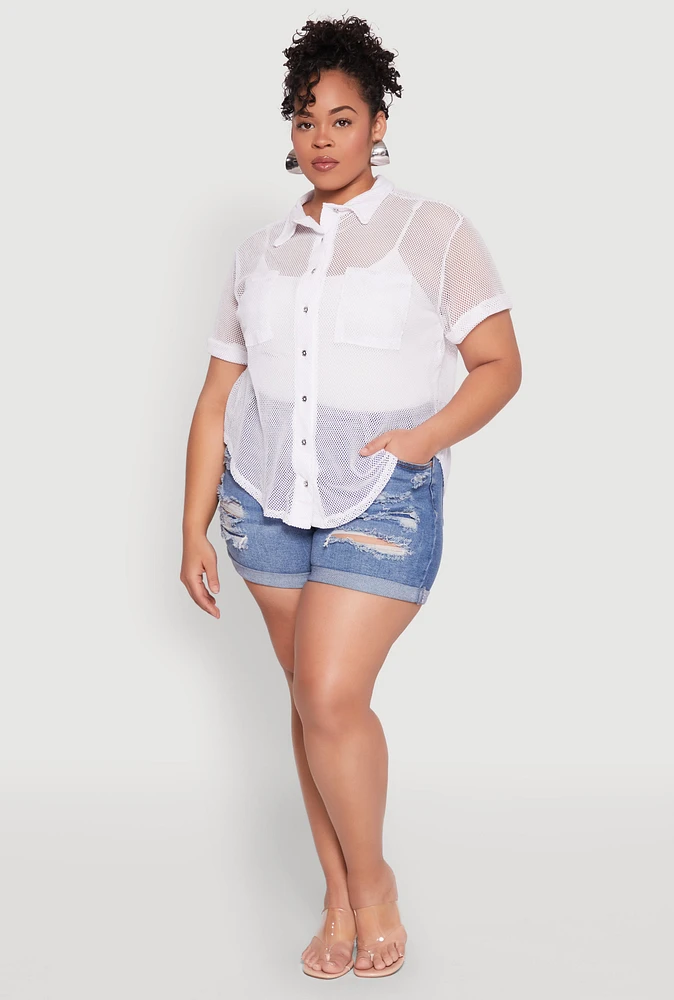 Womens Plus Fishnet Short Sleeve Button Front Shirt, White,