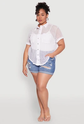 Womens Plus Fishnet Short Sleeve Button Front Shirt, White,