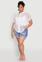 Womens Plus Fishnet Short Sleeve Button Front Shirt, White,