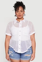 Womens Plus Fishnet Short Sleeve Button Front Shirt, White,