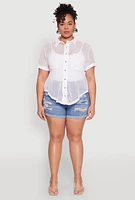 Womens Plus Fishnet Short Sleeve Button Front Shirt, White,