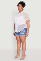 Womens Plus Fishnet Short Sleeve Button Front Shirt, White,