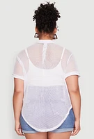 Womens Plus Fishnet Short Sleeve Button Front Shirt, White,