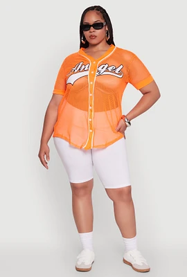 Womens Plus Angel Graphic Short Sleeve V Neck Baseball Shirt,