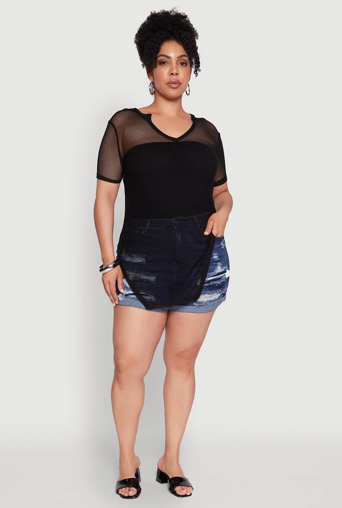 Womens Plus Stylish Fishnet Hanky Hem Blouse,