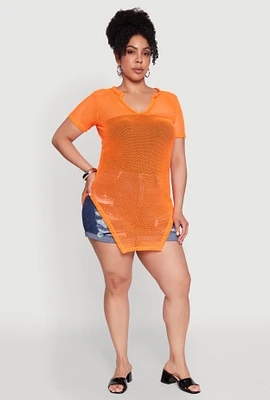 Womens Plus Stylish Fishnet Hanky Hem Blouse,
