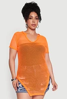 Womens Plus Stylish Fishnet Hanky Hem Blouse,