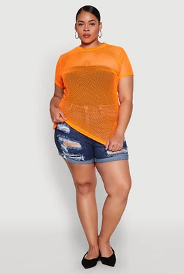 Womens Plus Size Fishnet Short Sleeve Top, Orange, Size 1X