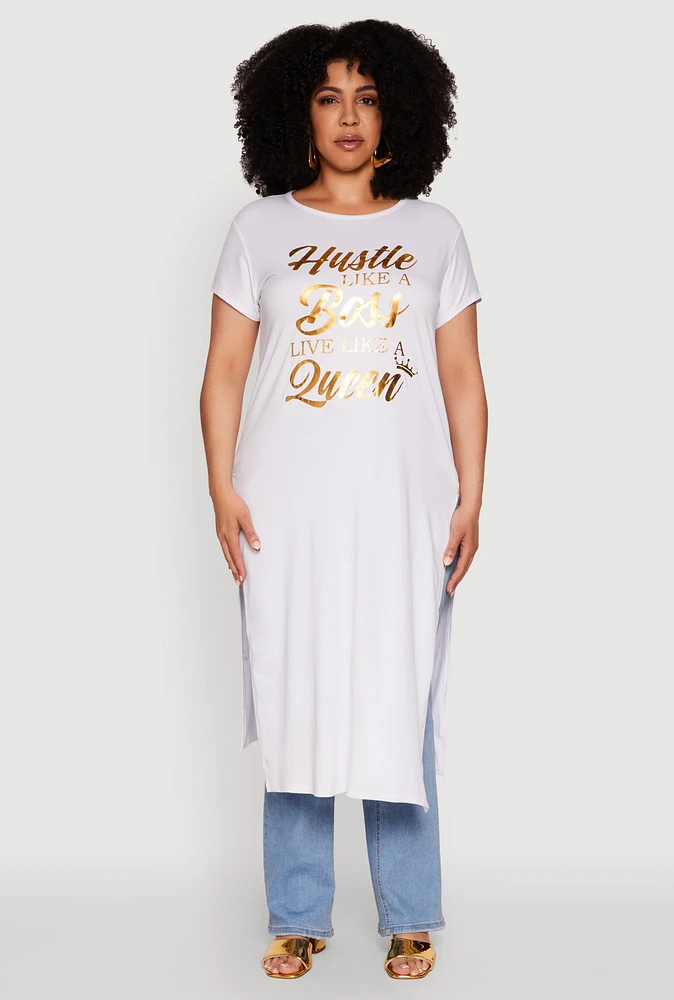 Womens Plus Size Hustle Like A Boss Live Like A Queen Maxi Top, White, Size 4X