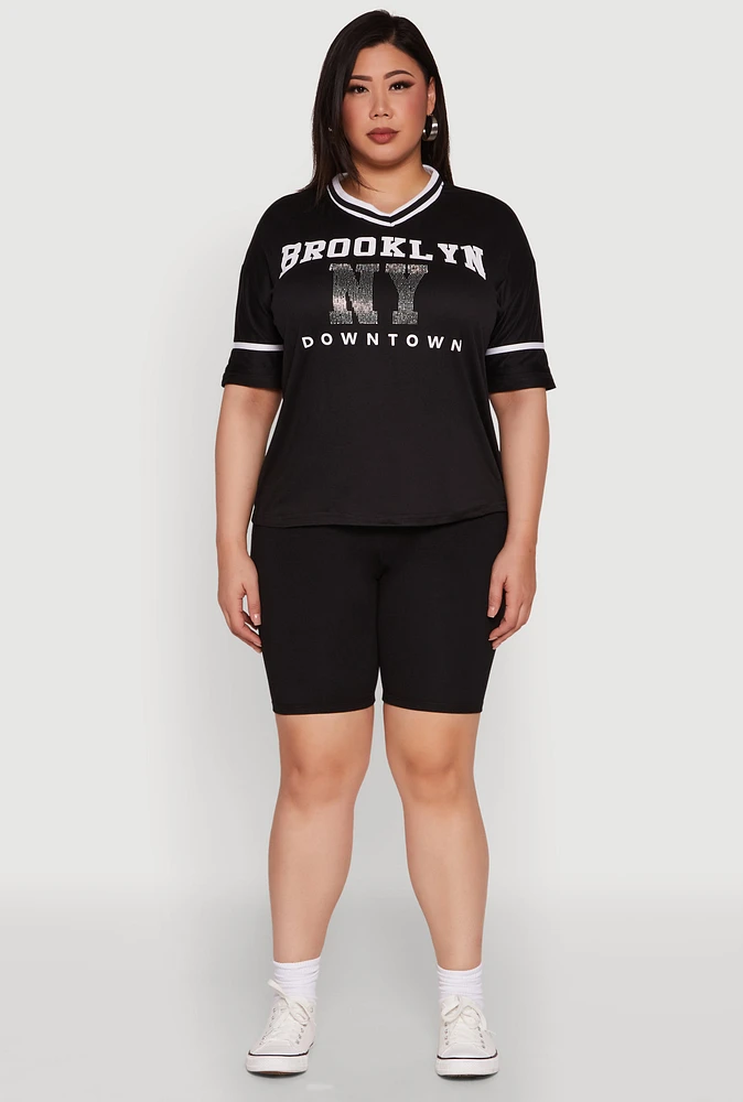 Womens Plus Brooklyn NY Downtown Rhinestone Varsity Stripe V Neck T Shirt,