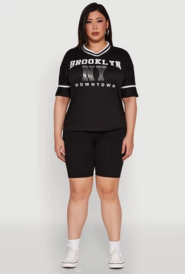 Womens Plus Brooklyn NY Downtown Rhinestone Varsity Stripe V Neck T Shirt,
