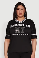 Womens Plus Brooklyn NY Downtown Rhinestone Varsity Stripe V Neck T Shirt,