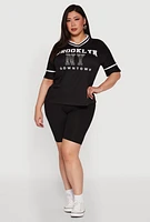 Womens Plus Brooklyn NY Downtown Rhinestone Varsity Stripe V Neck T Shirt,