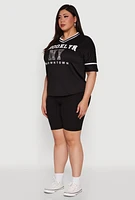 Womens Plus Brooklyn NY Downtown Rhinestone Varsity Stripe V Neck T Shirt,