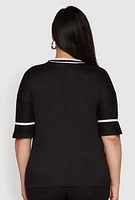 Womens Plus Brooklyn NY Downtown Rhinestone Varsity Stripe V Neck T Shirt,