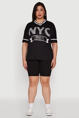 Womens Plus NYC 1988 Rhinestone Varsity Stripe V Neck T Shirt, 4X