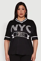 Womens Plus NYC 1988 Rhinestone Varsity Stripe V Neck T Shirt, 4X