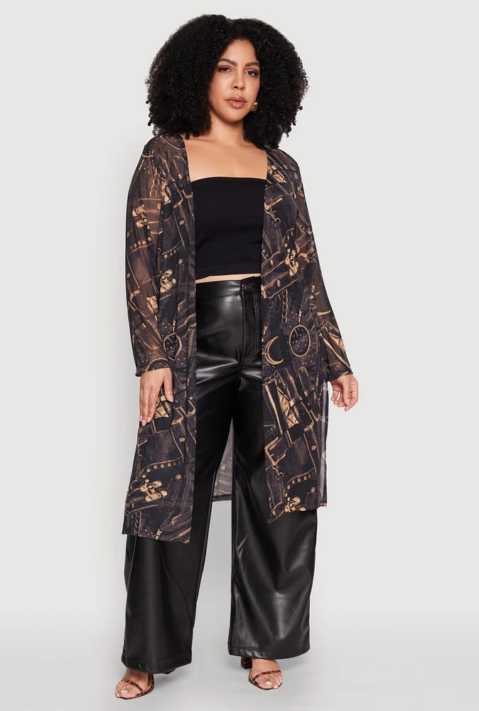 Womens Plus Buckle Belt Print Mesh Duster,