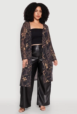 Womens Plus Buckle Belt Print Mesh Duster,